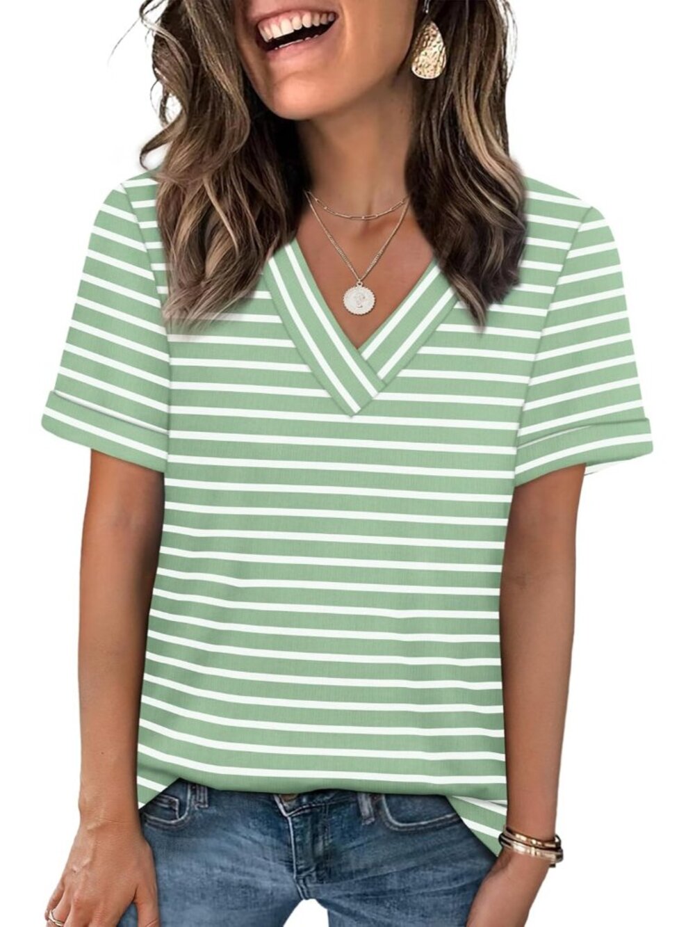 🆕Women Green Strip Summer Tops Short Sleeve Basic Casual V Neck T Shirts Trendy